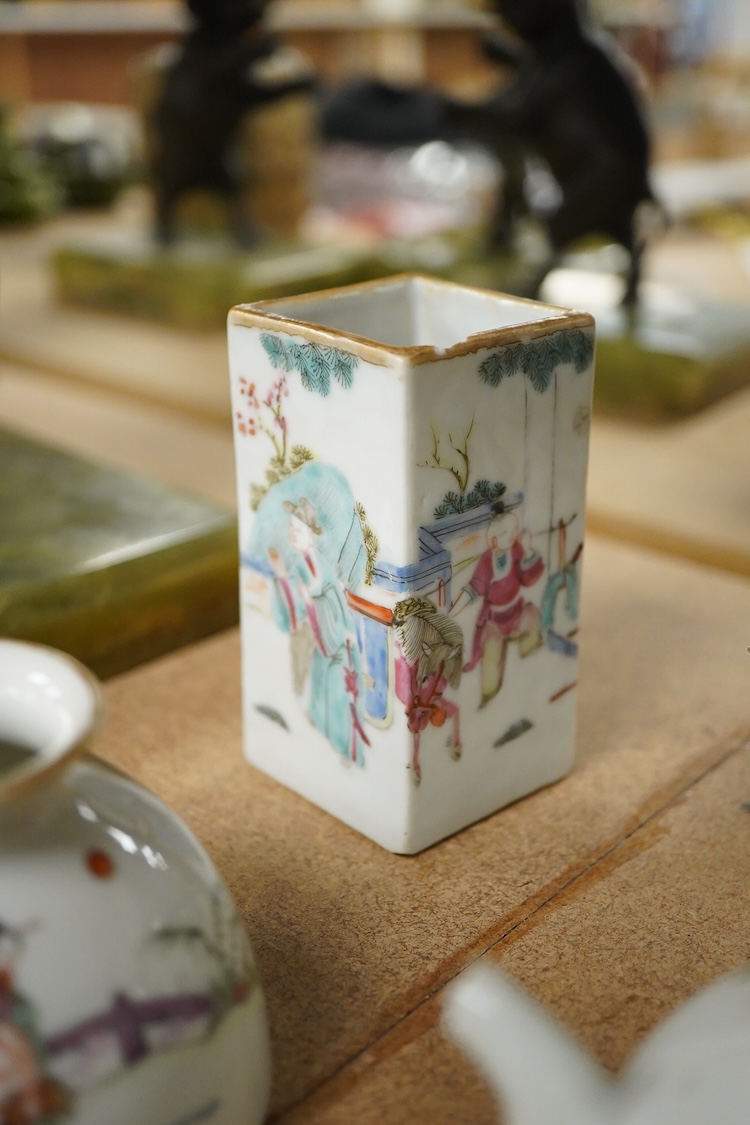 A collection of late 19th century Chinese famille wares to include a water pot, two teapots, and a square brushpot, together three Republic period tea bowls, largest 9cm high